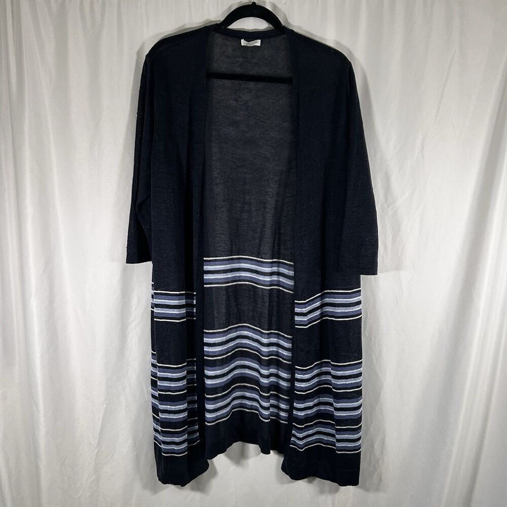 J Jill Linen Blend Cardigan Women's One Size Blue Striped Tie Front Long Sleeve